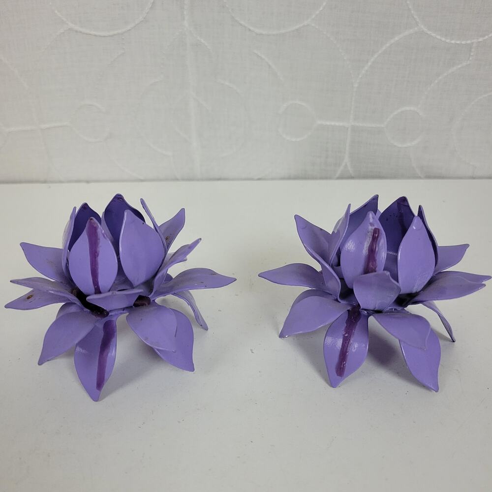 VINTAGE Lotus Flower Metal Purple Handmade Candle Holders Retro Set of 2 - Picture 10 of 13